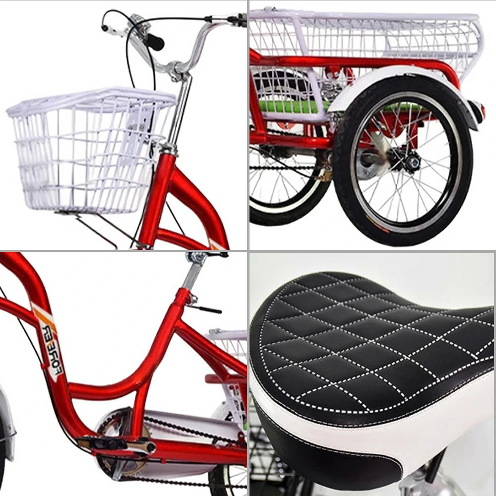 VOLTUS Adult Three Wheel Bicycle Variable Speed Upgraded Seat Comfort Tire Reinforcement-Red/Blue/Silvery