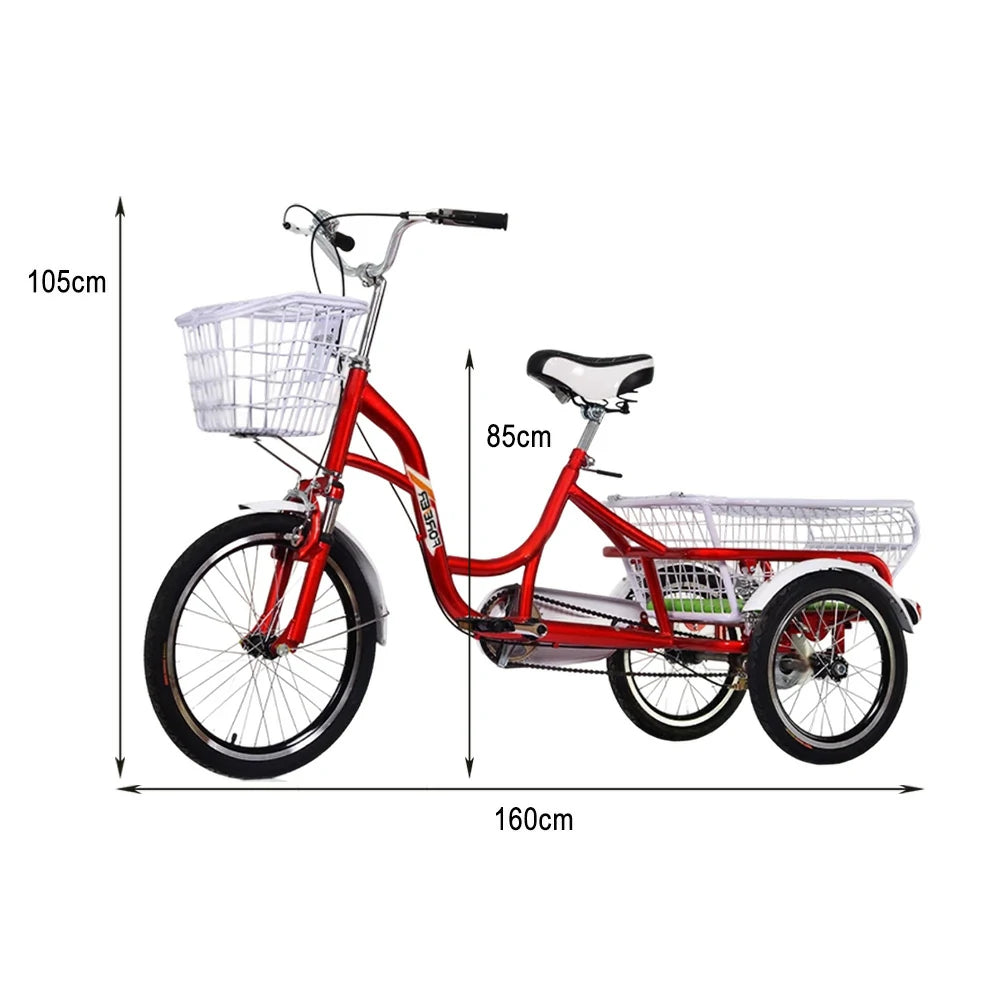 VOLTUS Adult Three Wheel Bicycle Variable Speed Upgraded Seat Comfort Tire Reinforcement-Red/Blue/Silvery