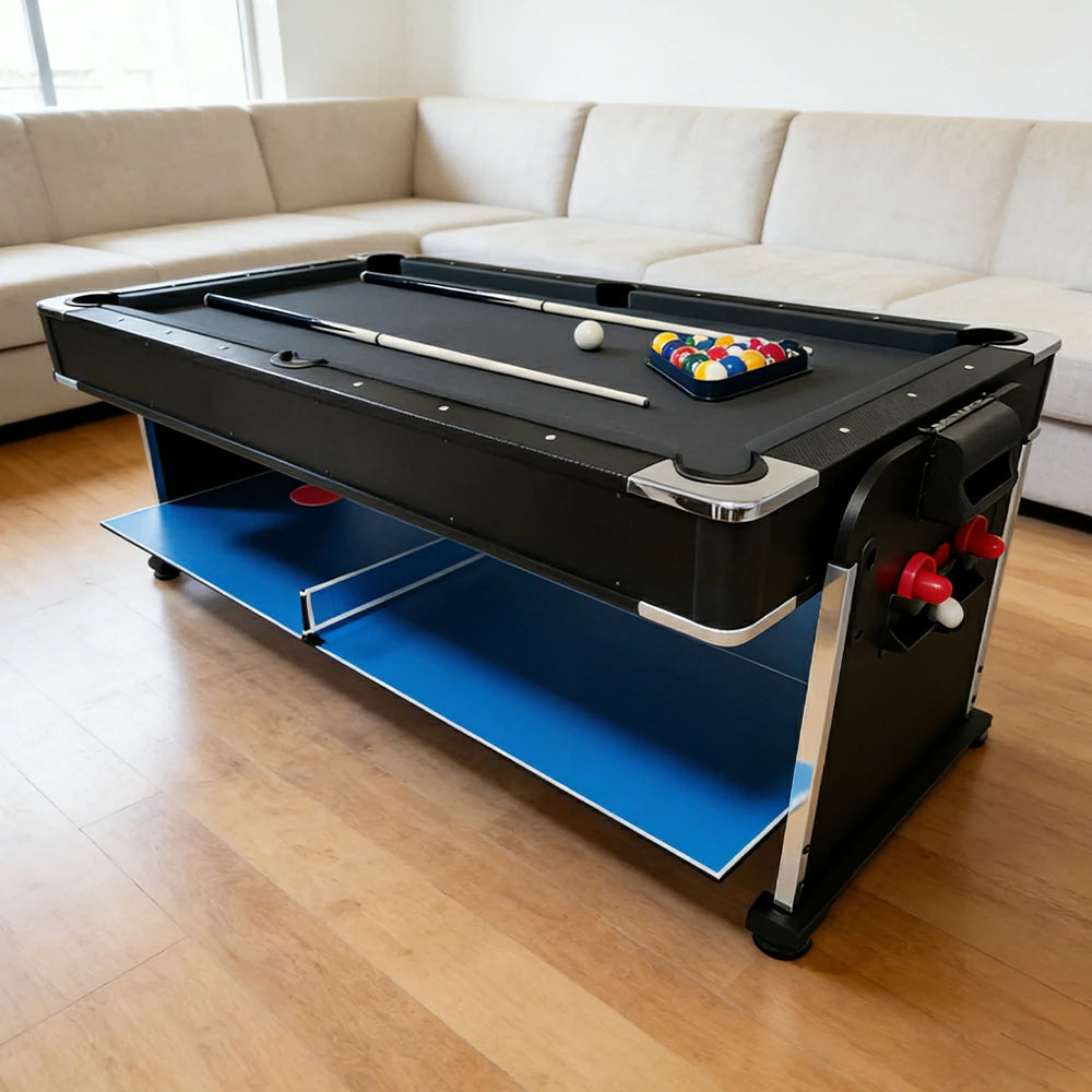 VERSA 4-IN-1 6FT Convertible Game Table - Air Hockey, Pool, Table Tennis & Dining, Space-Saving Black Frame, Free Accessories - Black Felt