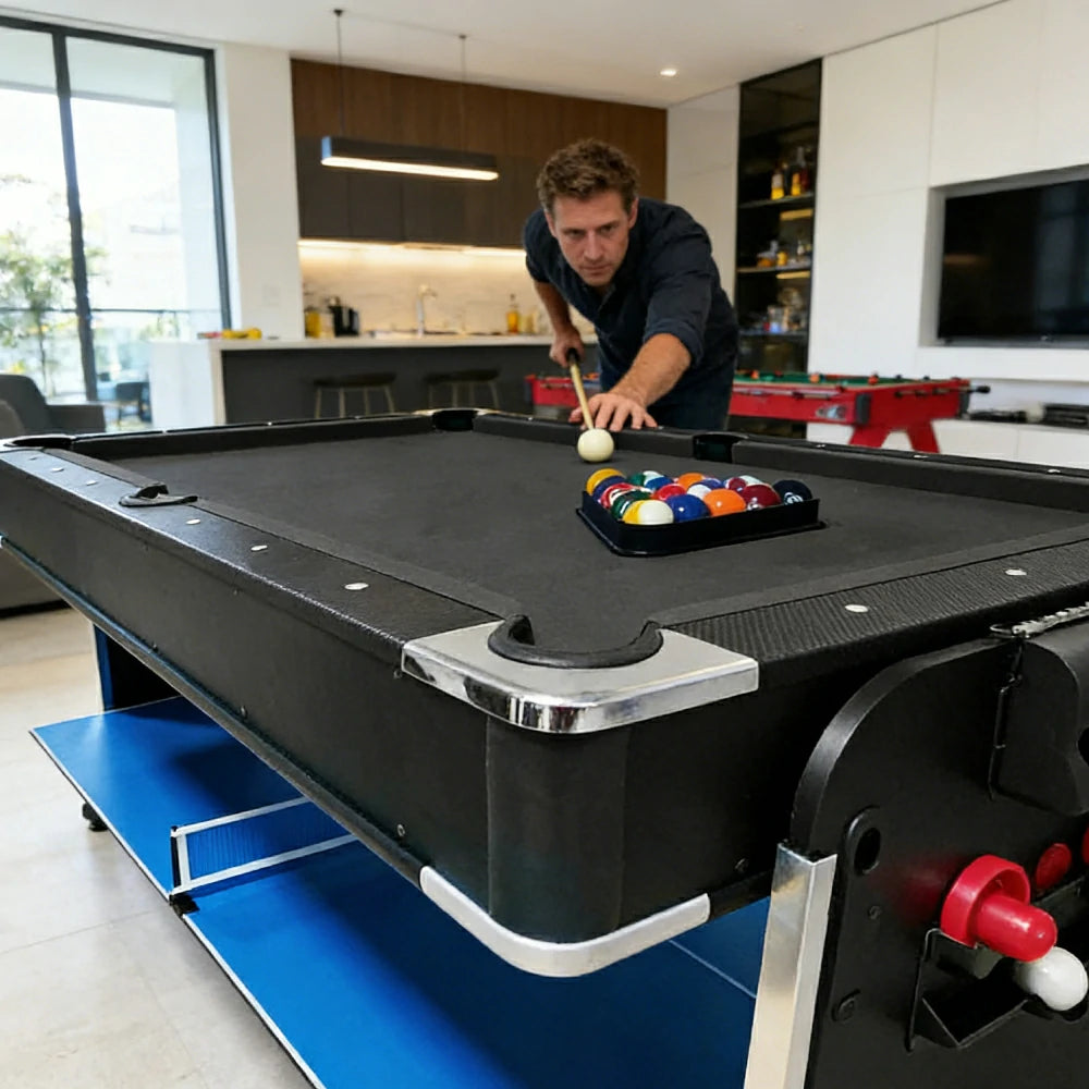 VERSA 4-IN-1 8FT Convertible Table Air Hockey, Pool Billiards, Dining, and Table Tennis for Billiard Game Rooms with Free Accessories - Black Felt
