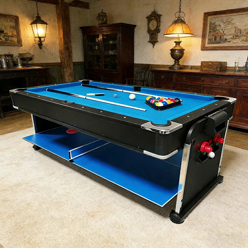 VERSA 4-IN-1 6FT Convertible Game Table - Air Hockey, Pool, Table Tennis & Dining, Space-Saving Black Frame, Free Accessories - Blue Felt