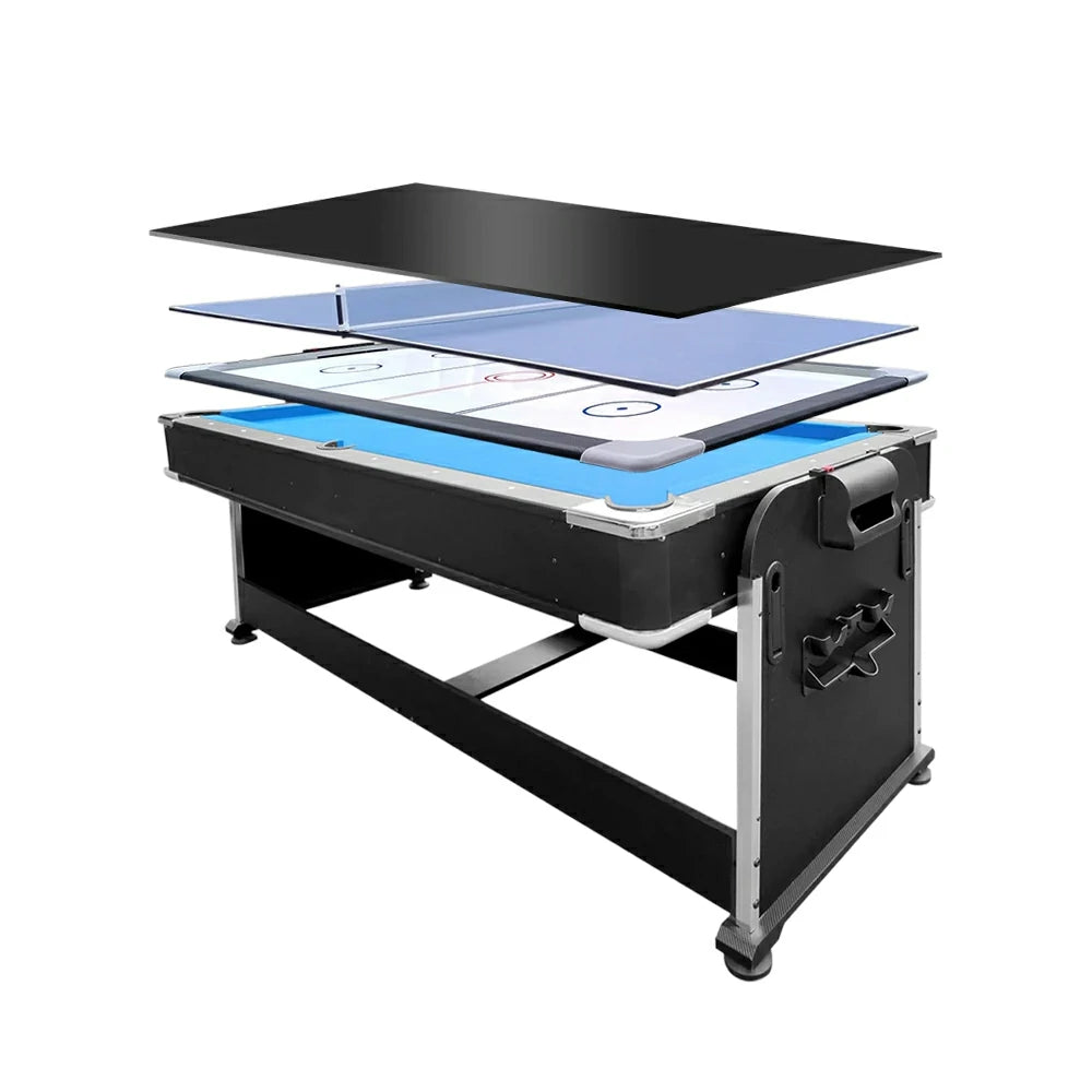 VERSA 4-IN-1 6FT Convertible Game Table - Air Hockey, Pool, Table Tennis & Dining, Space-Saving Black Frame, Free Accessories - Blue Felt