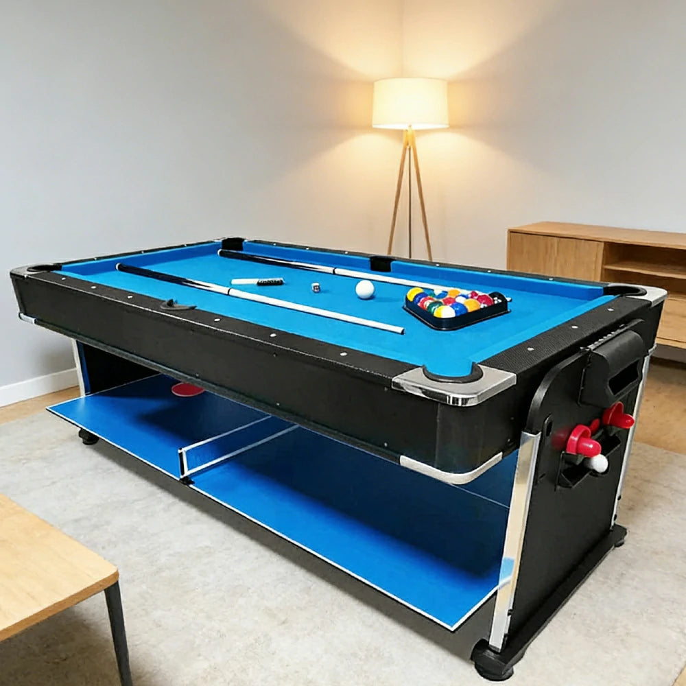 VERSA 4-in-1 8FT Convertible Game Table - Air Hockey Pool Billiards Dining and Table Tennis for Home Billiard Game Rooms with Accessories - Blue Felt (P024)