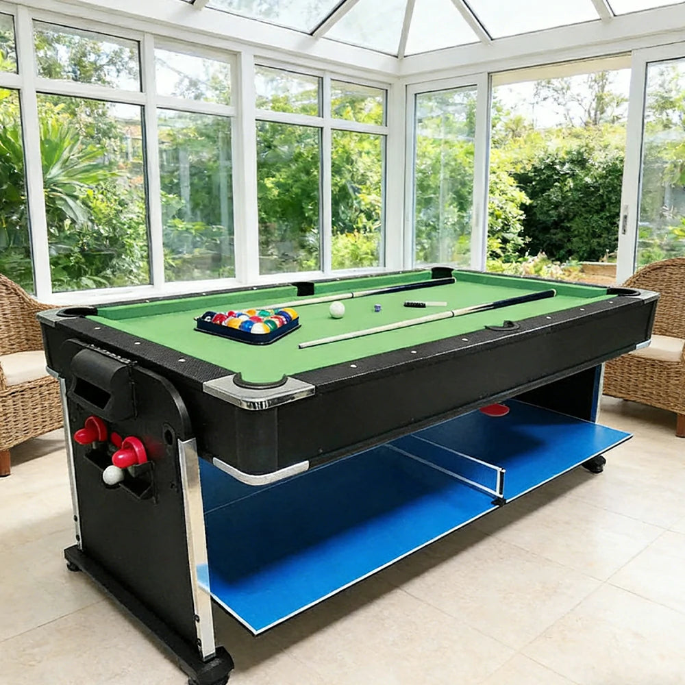 VERSA 4-IN-1 6FT Convertible Game Table - Air Hockey, Pool, Table Tennis & Dining, Space-Saving Black Frame, Free Accessories - Green Felt