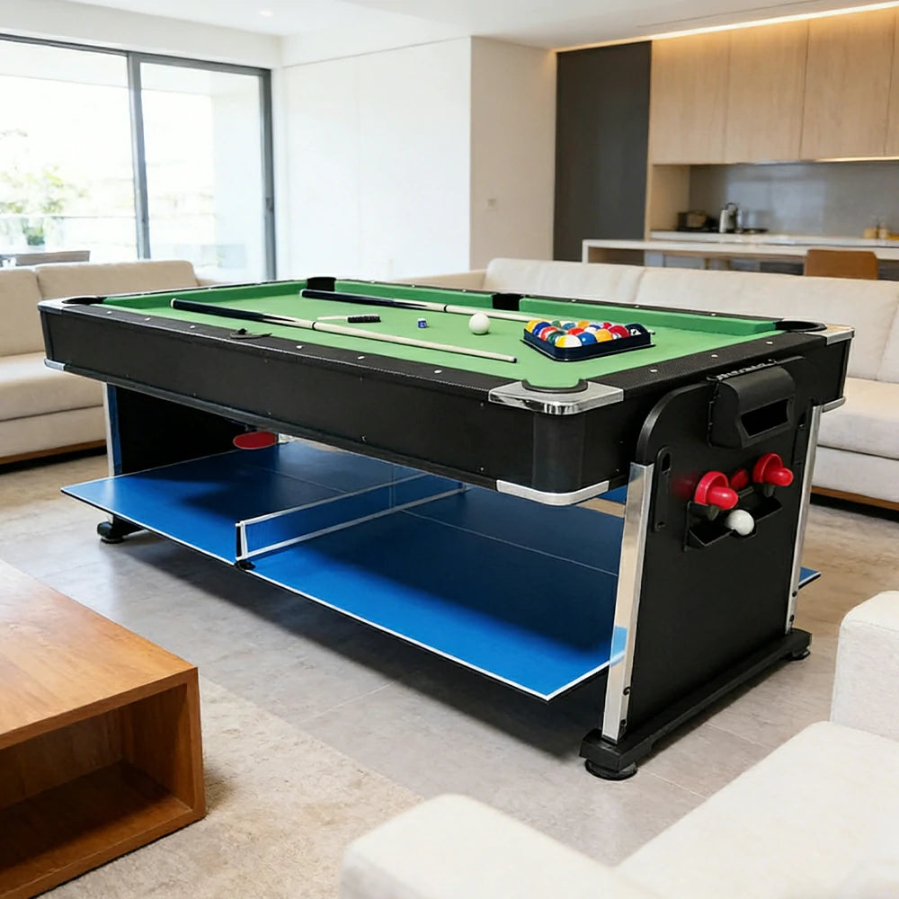 VERSA 4-IN-1 6FT Convertible Game Table - Air Hockey, Pool, Table Tennis & Dining, Space-Saving Black Frame, Free Accessories - Green Felt