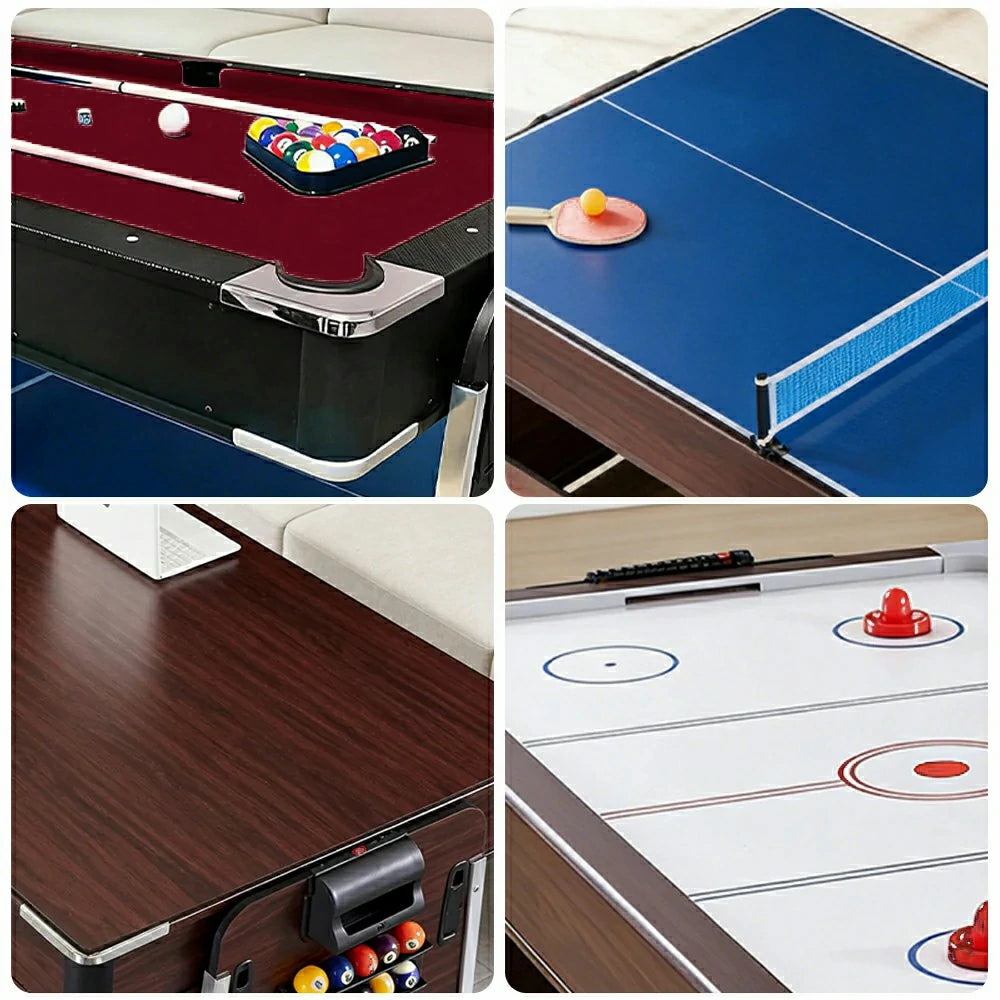 VERSA 4-IN-1 6FT Convertible Game Table - Air Hockey, Pool, Table Tennis & Dining, Space-Saving Black Frame, Free Accessories - Red Felt