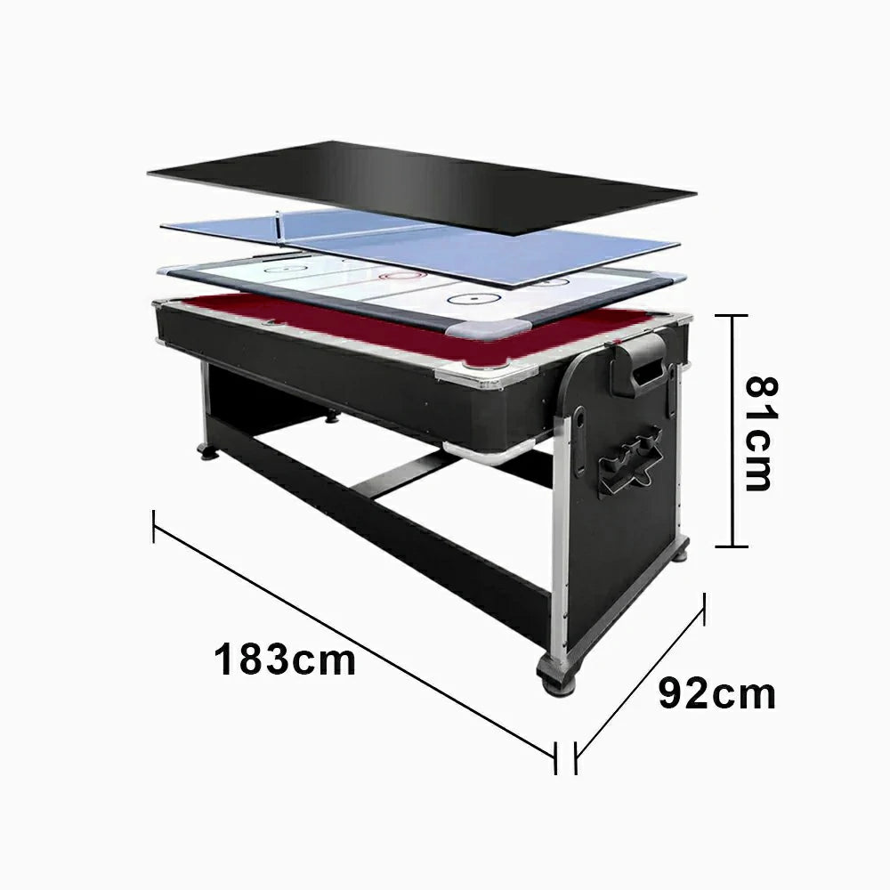 VERSA 4-IN-1 6FT Convertible Game Table - Air Hockey, Pool, Table Tennis & Dining, Space-Saving Black Frame, Free Accessories - Red Felt