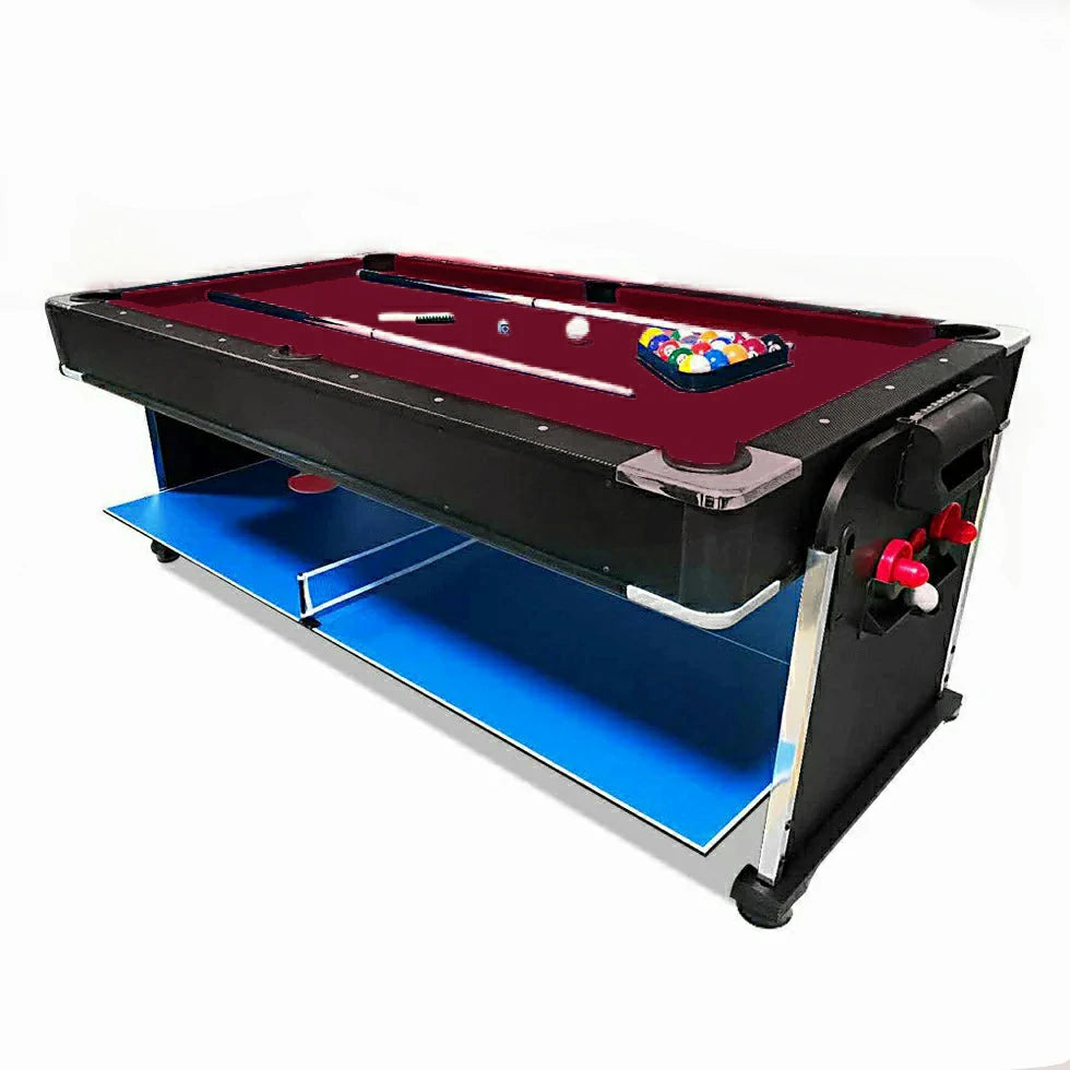 VERSA 4-IN-1 6FT Convertible Game Table - Air Hockey, Pool, Table Tennis & Dining, Space-Saving Black Frame, Free Accessories - Red Felt
