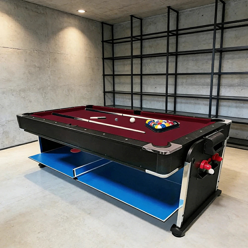 VERSA 4-IN-1 6FT Convertible Game Table - Air Hockey, Pool, Table Tennis & Dining, Space-Saving Black Frame, Free Accessories - Red Felt
