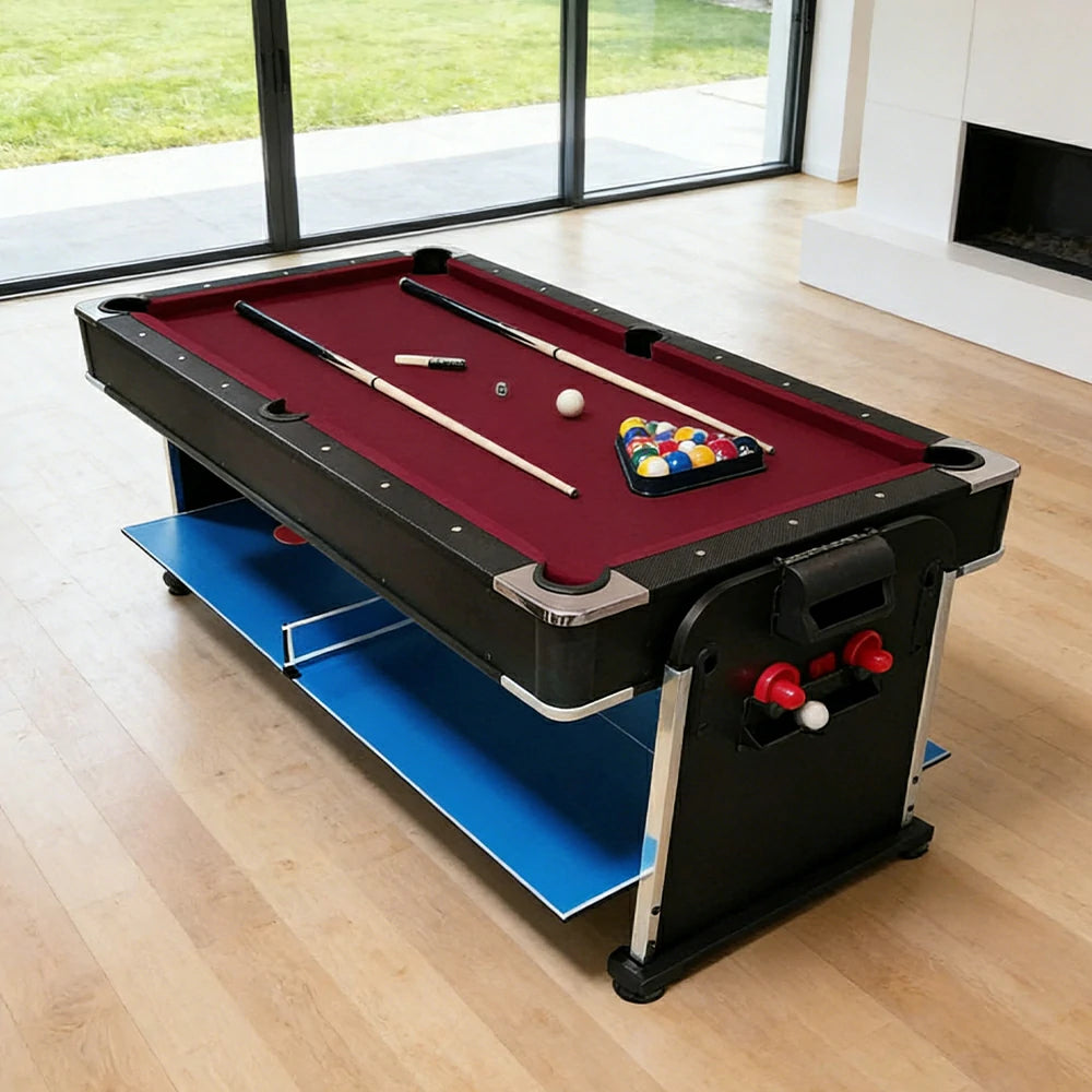 VERSA 4-IN-1 6FT Convertible Game Table - Air Hockey, Pool, Table Tennis & Dining, Space-Saving Black Frame, Free Accessories - Red Felt