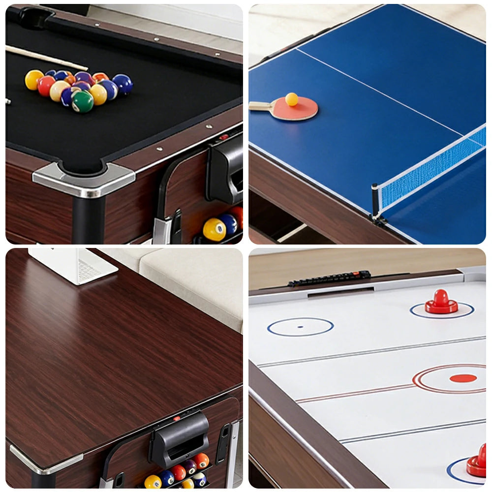 VERSA 4-IN-1 6FT Convertible Game Table - Air Hockey, Pool, Table Tennis & Dining, Space-Saving Brown Frame, Free Accessories - Black Felt