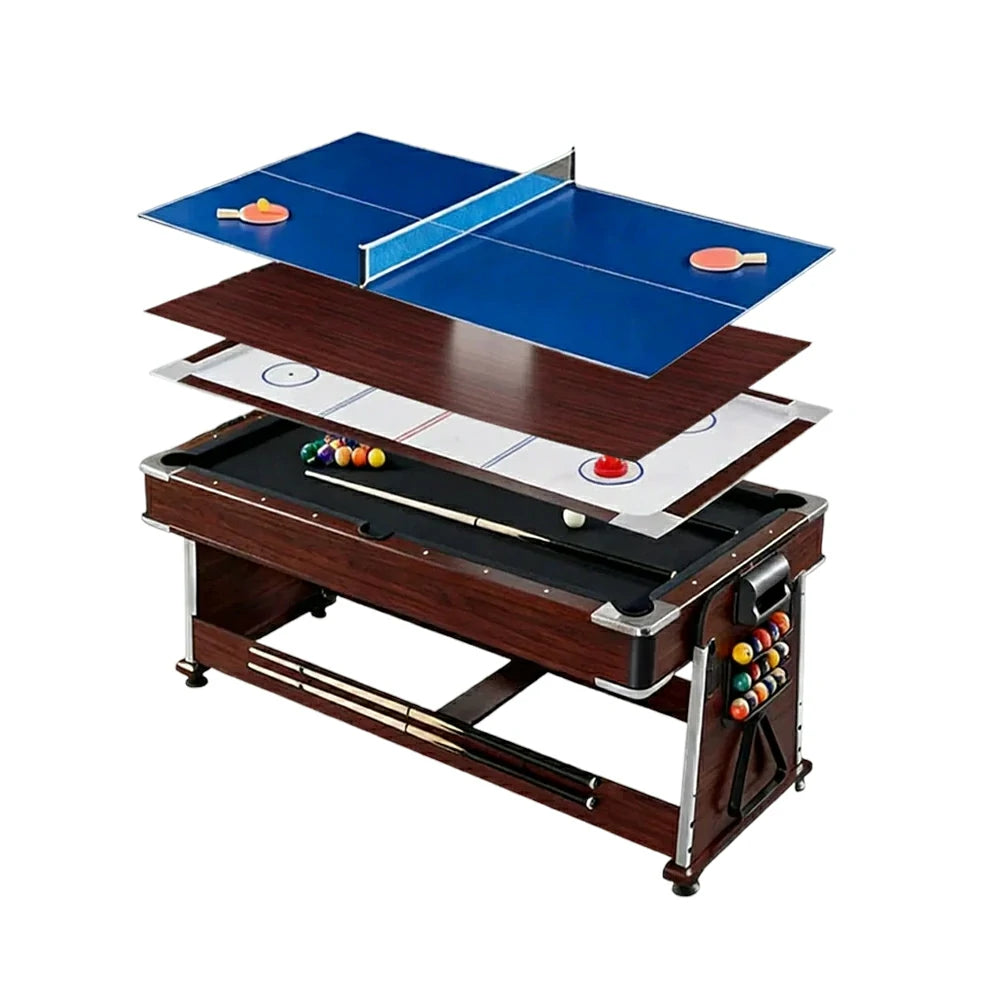 VERSA 4-IN-1 6FT Convertible Game Table - Air Hockey, Pool, Table Tennis & Dining, Space-Saving Brown Frame, Free Accessories - Black Felt