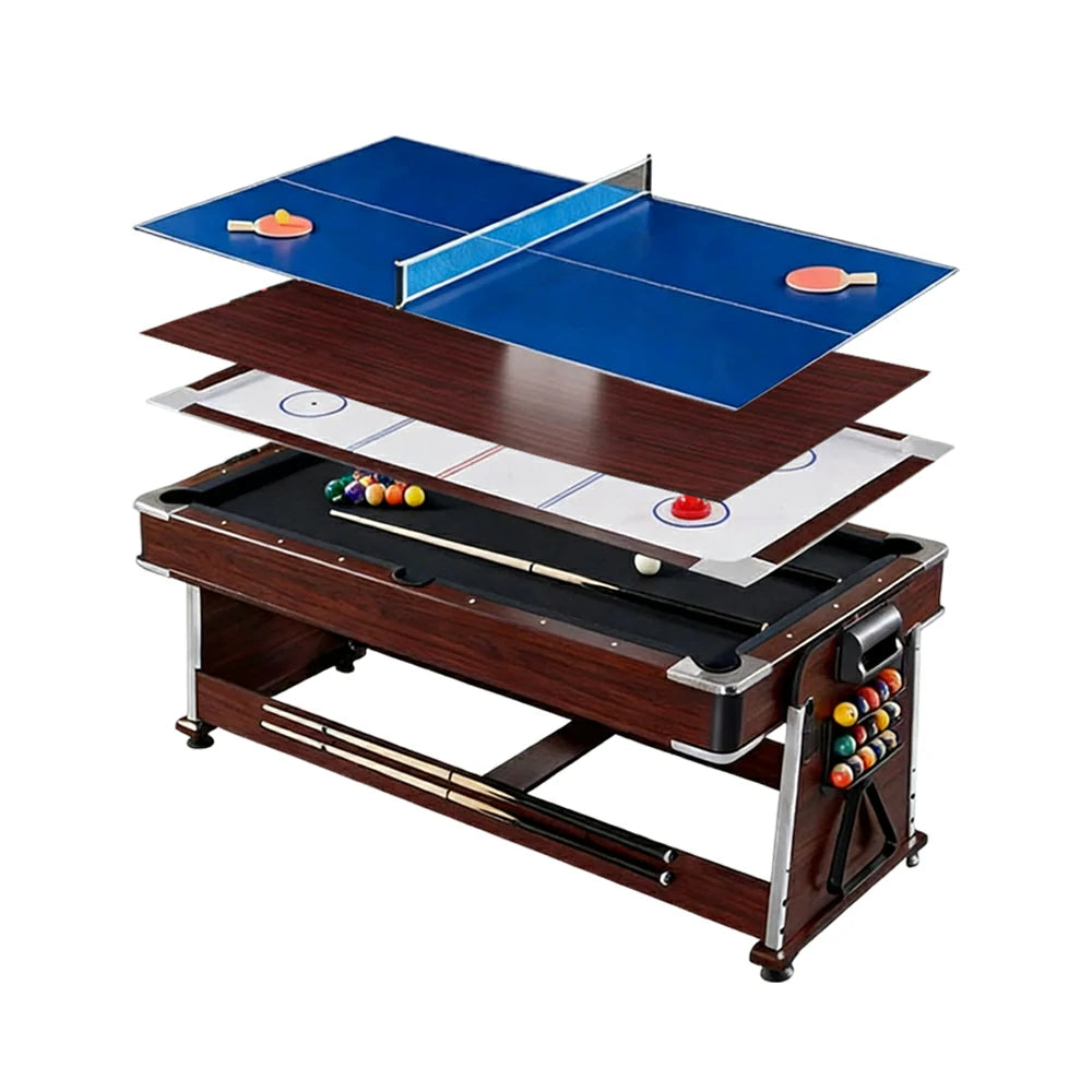VERSA 4-IN-1 7/8FT Convertible Table with Brown Frame for Air Hockey, Pool Billiards, Dining, and Table Tennis with Free Accessories - Black Felt