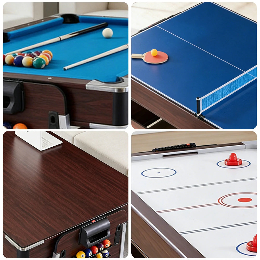 VERSA 4-IN-1 6FT Convertible Game Table - Air Hockey, Pool, Table Tennis & Dining, Space-Saving Brown Frame, Free Accessories - Blue Felt