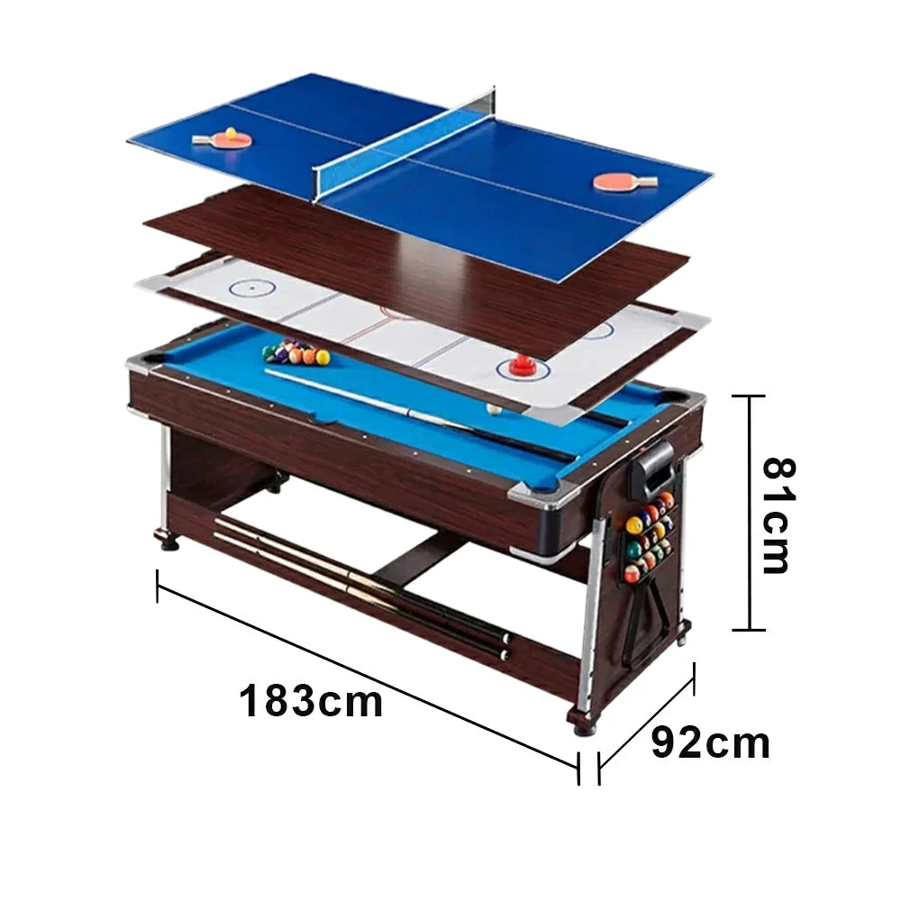 VERSA 4-IN-1 6FT Convertible Game Table - Air Hockey, Pool, Table Tennis & Dining, Space-Saving Brown Frame, Free Accessories - Blue Felt