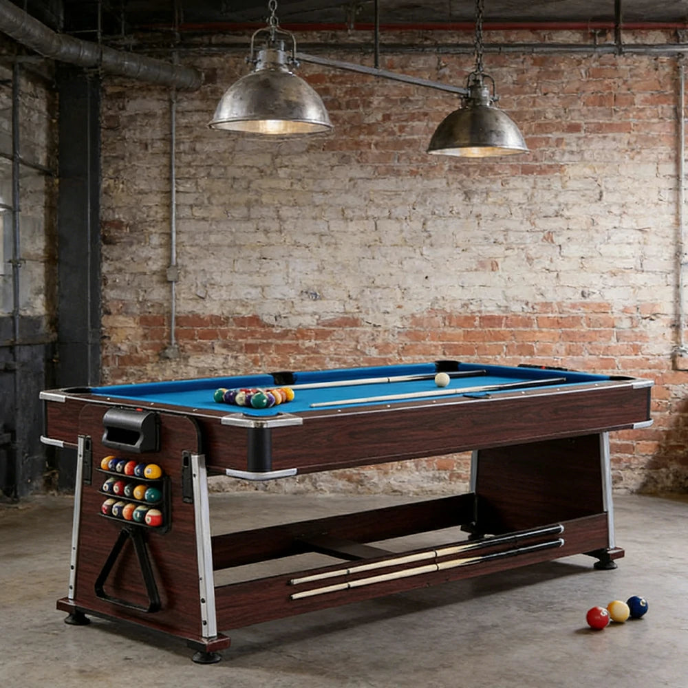 VERSA 4-IN-1 6FT Convertible Game Table - Air Hockey, Pool, Table Tennis & Dining, Space-Saving Brown Frame, Free Accessories - Blue Felt