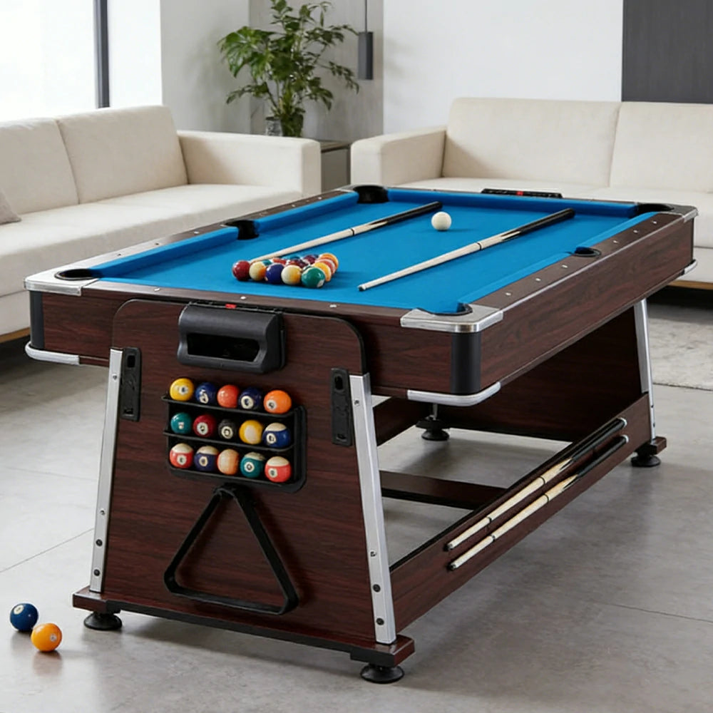 VERSA 4-IN-1 6FT Convertible Game Table - Air Hockey, Pool, Table Tennis & Dining, Space-Saving Brown Frame, Free Accessories - Blue Felt
