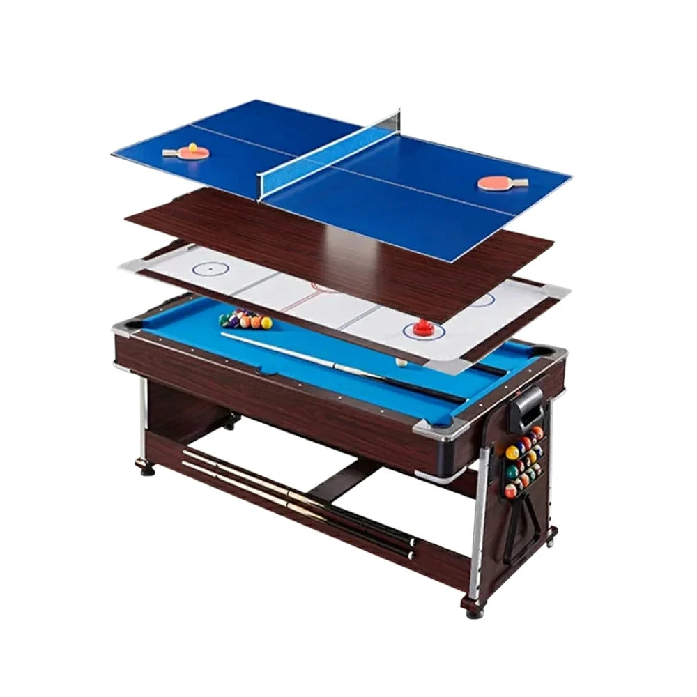 VERSA 4-IN-1 6FT Convertible Game Table - Air Hockey, Pool, Table Tennis & Dining, Space-Saving Brown Frame, Free Accessories - Blue Felt