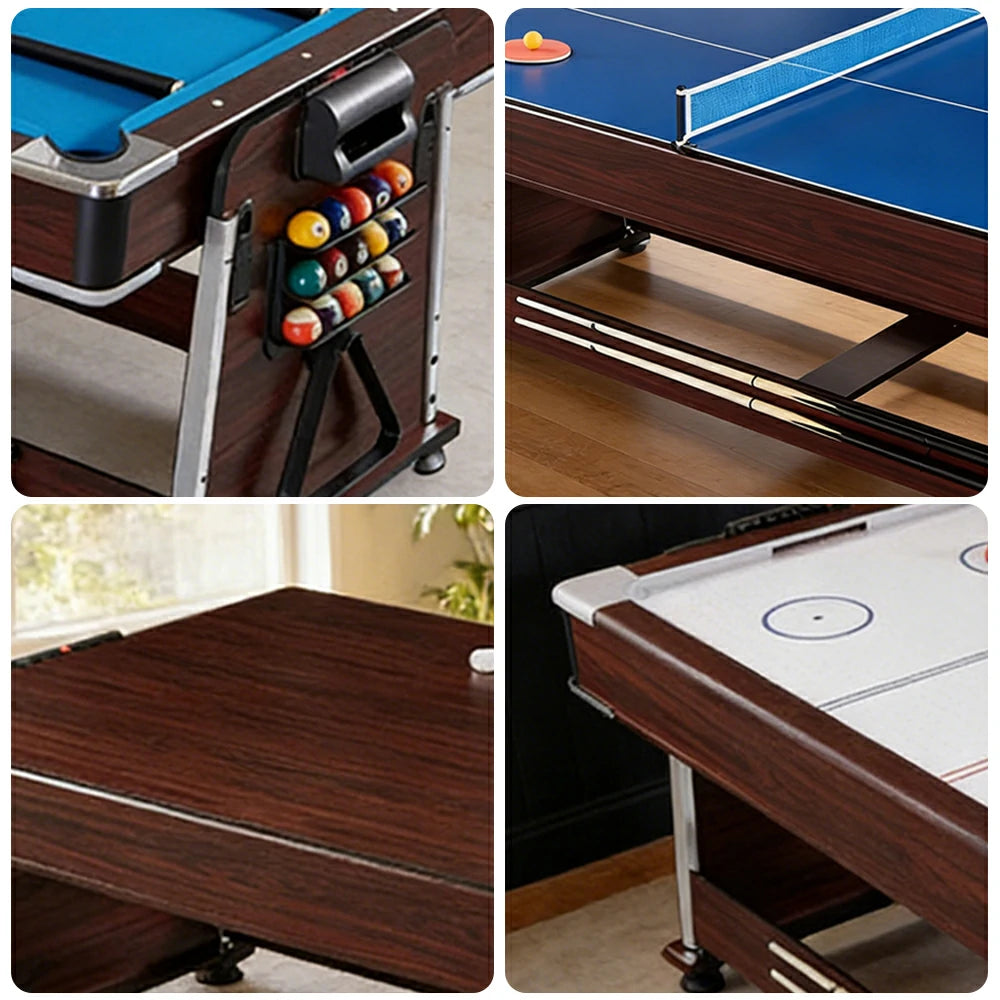 VERSA 4-IN-1 7/8FT Convertible Table with Brown Frame for Air Hockey, Pool Billiards, Dining, and Table Tennis with Free Accessories - Blue Felt