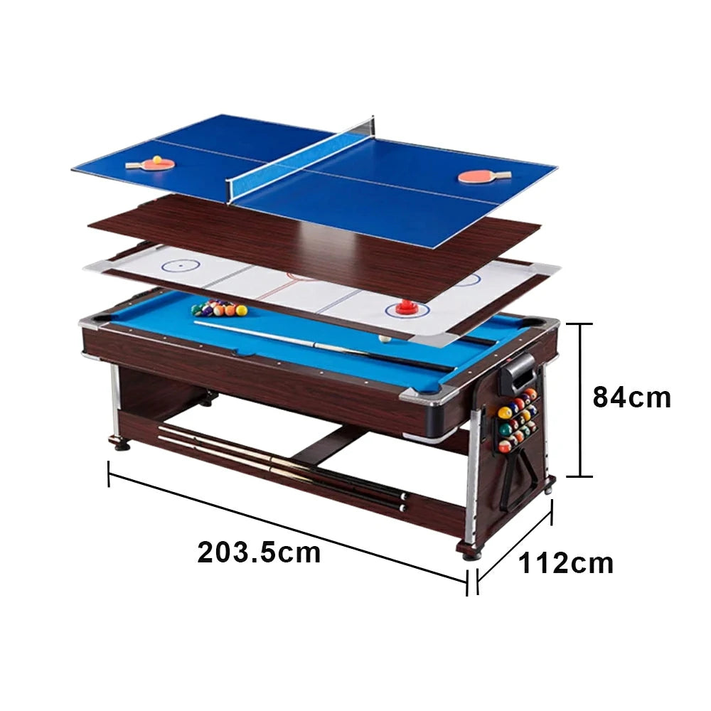 VERSA 4-IN-1 7/8FT Convertible Table with Brown Frame for Air Hockey, Pool Billiards, Dining, and Table Tennis with Free Accessories - Blue Felt