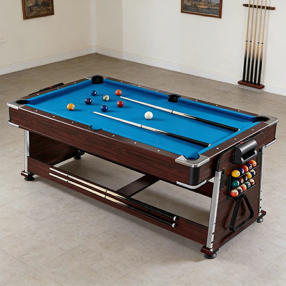 VERSA 4-IN-1 7/8FT Convertible Table with Brown Frame for Air Hockey, Pool Billiards, Dining, and Table Tennis with Free Accessories - Blue Felt