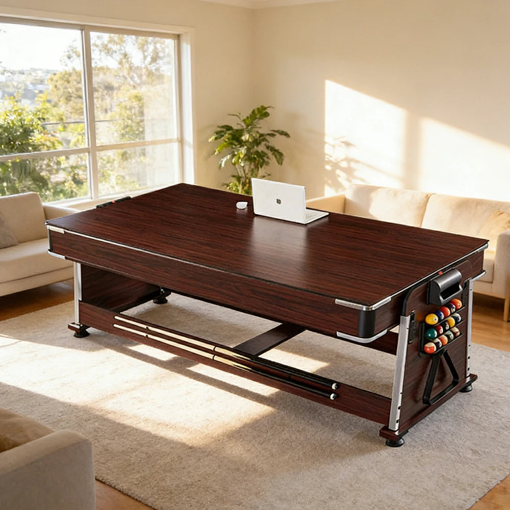 VERSA 4-IN-1 7/8FT Convertible Table with Brown Frame for Air Hockey, Pool Billiards, Dining, and Table Tennis with Free Accessories - Blue Felt