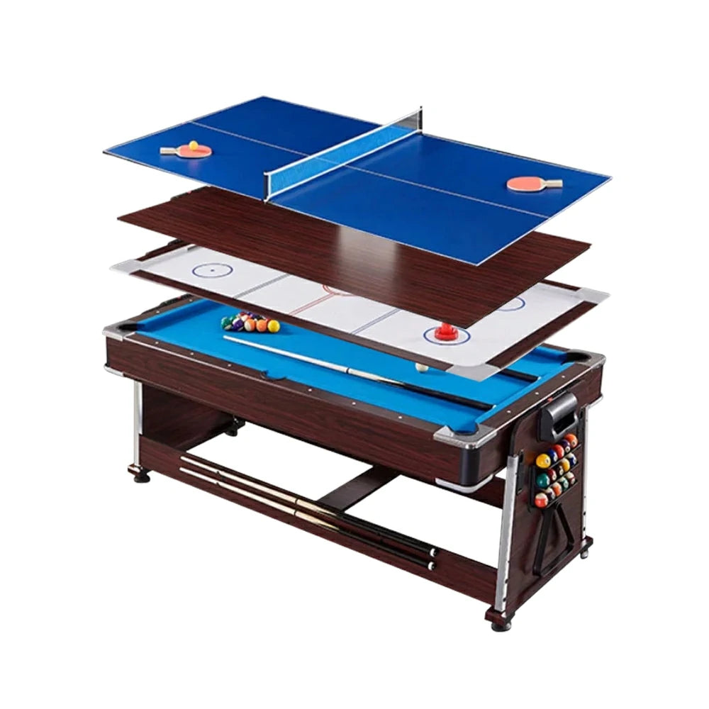VERSA 4-IN-1 7/8FT Convertible Table with Brown Frame for Air Hockey, Pool Billiards, Dining, and Table Tennis with Free Accessories - Blue Felt
