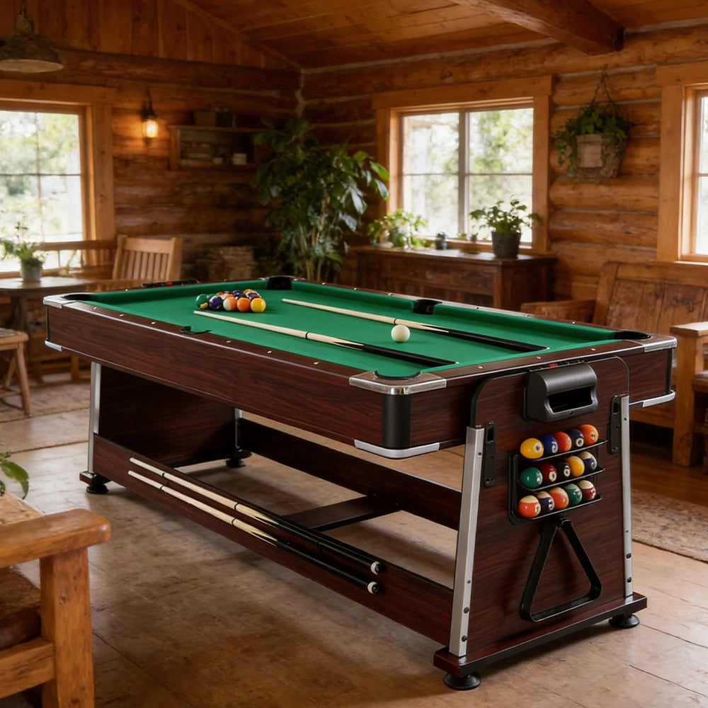 VERSA 4-IN-1 6FT Convertible Game Table - Air Hockey, Pool, Table Tennis & Dining, Space-Saving Brown Frame, Free Accessories - Green Felt