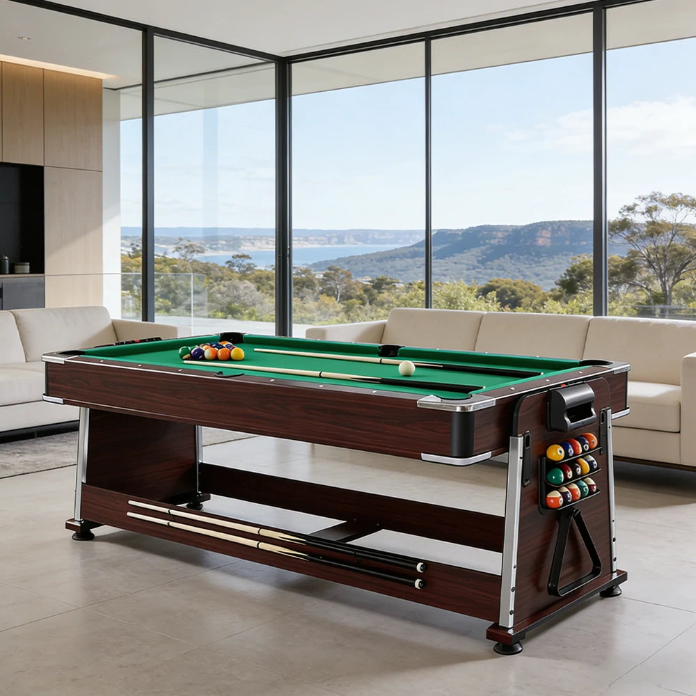 VERSA 4-IN-1 6FT Convertible Game Table - Air Hockey, Pool, Table Tennis & Dining, Space-Saving Brown Frame, Free Accessories - Green Felt