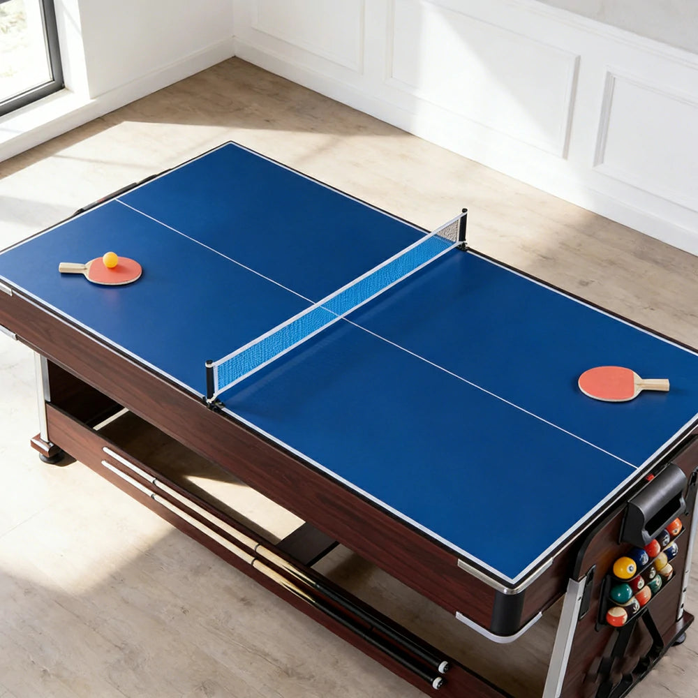 VERSA 4-IN-1 6FT Convertible Game Table - Air Hockey, Pool, Table Tennis & Dining, Space-Saving Brown Frame, Free Accessories - Green Felt