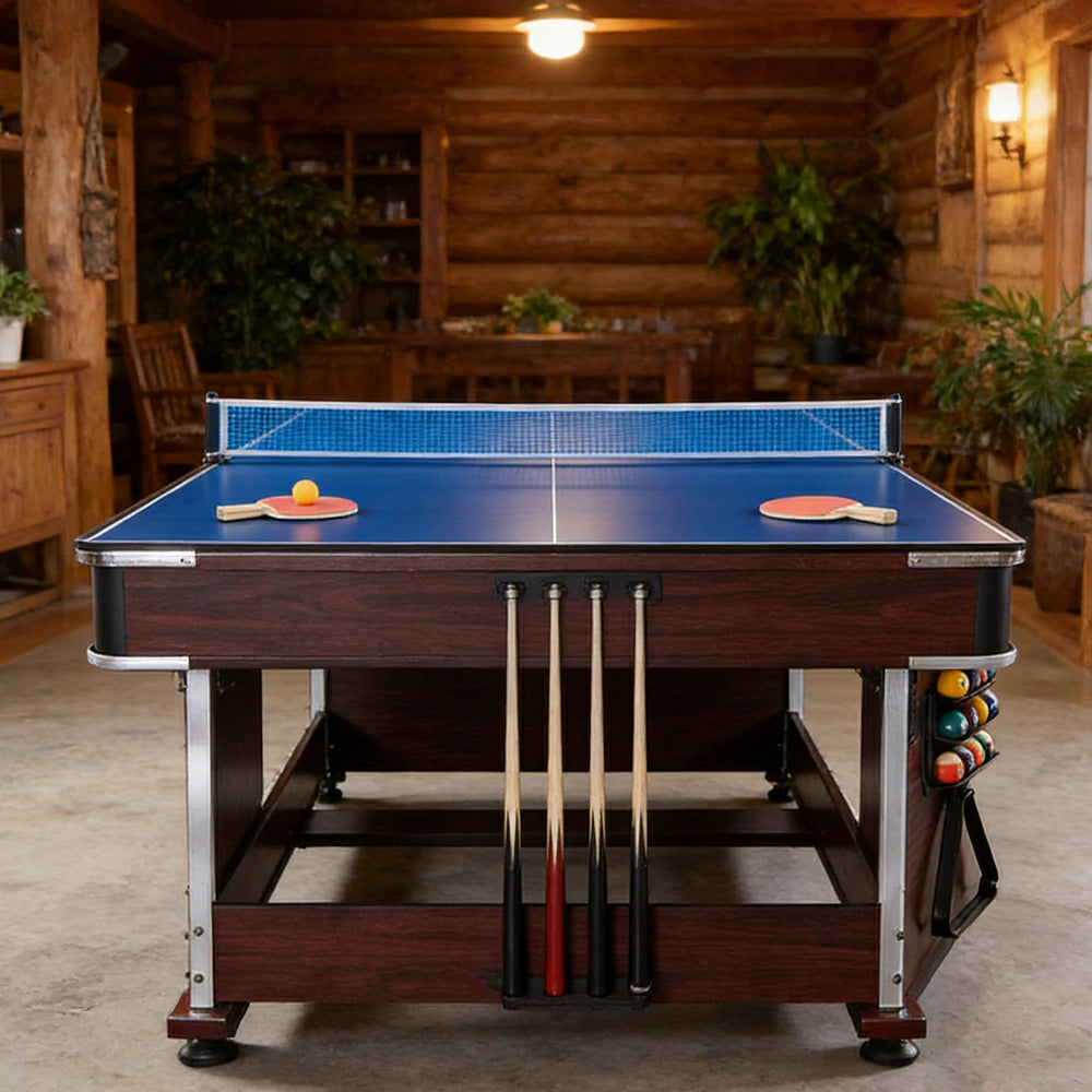 VERSA 4-IN-1 6FT Convertible Game Table - Air Hockey, Pool, Table Tennis & Dining, Space-Saving Brown Frame, Free Accessories - Green Felt