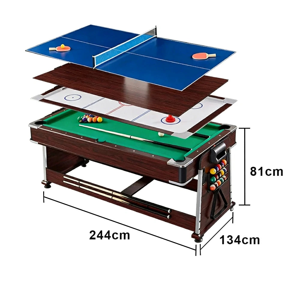VERSA 4-IN-1 7/8FT Convertible Table with Brown Frame for Air Hockey, Pool Billiards, Dining, and Table Tennis with Free Accessories - Green Felt