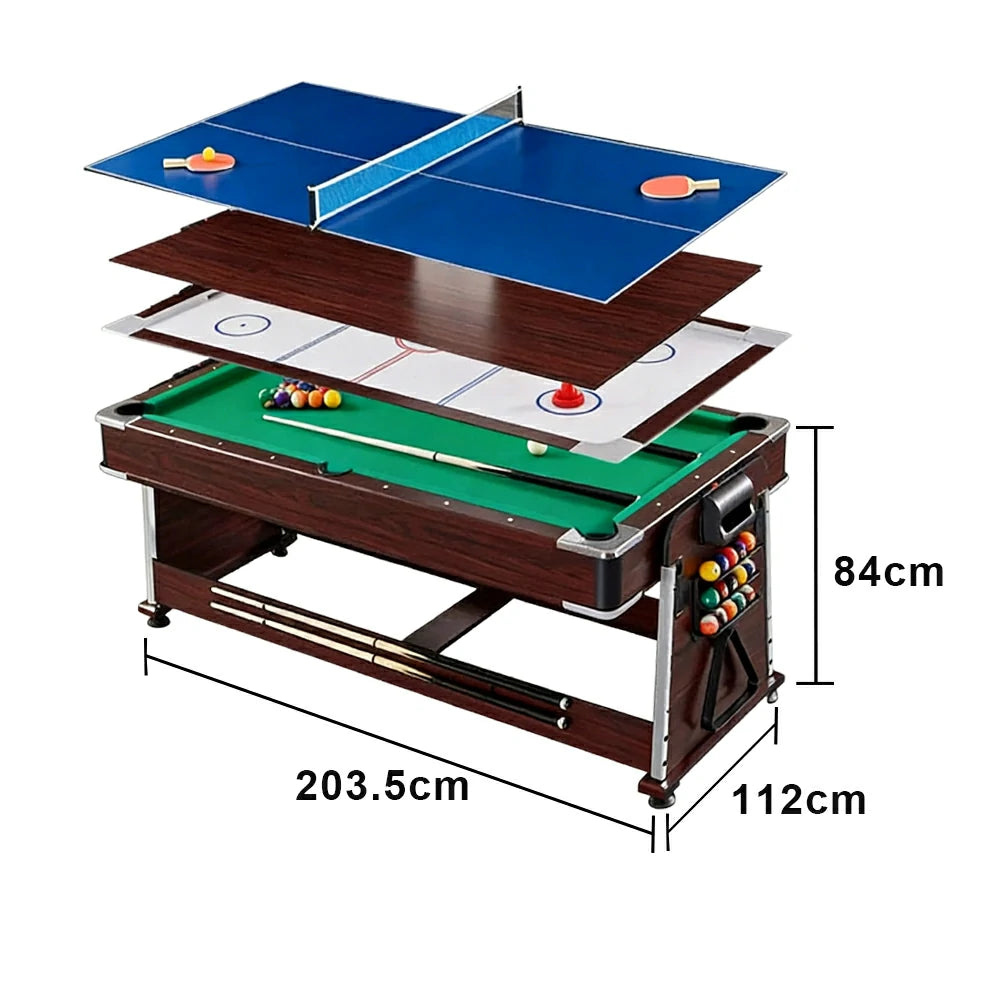 VERSA 4-IN-1 7/8FT Convertible Table with Brown Frame for Air Hockey, Pool Billiards, Dining, and Table Tennis with Free Accessories - Green Felt