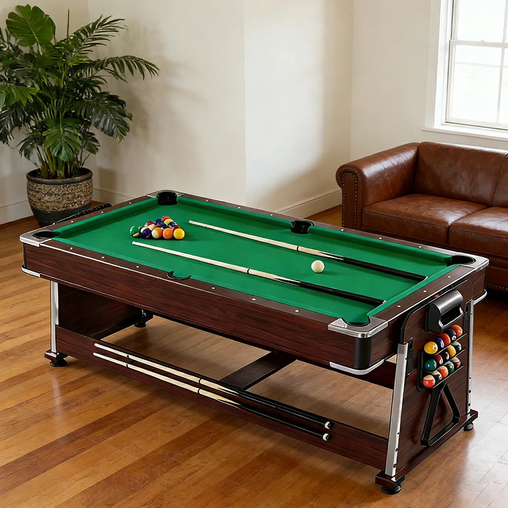 VERSA 4-IN-1 7/8FT Convertible Table with Brown Frame for Air Hockey, Pool Billiards, Dining, and Table Tennis with Free Accessories - Green Felt