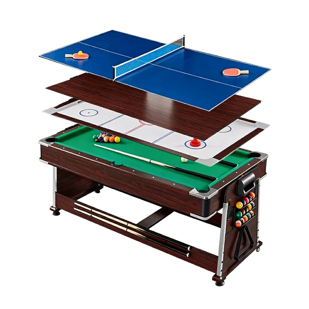 VERSA 4-IN-1 7/8FT Convertible Table with Brown Frame for Air Hockey, Pool Billiards, Dining, and Table Tennis with Free Accessories - Green Felt