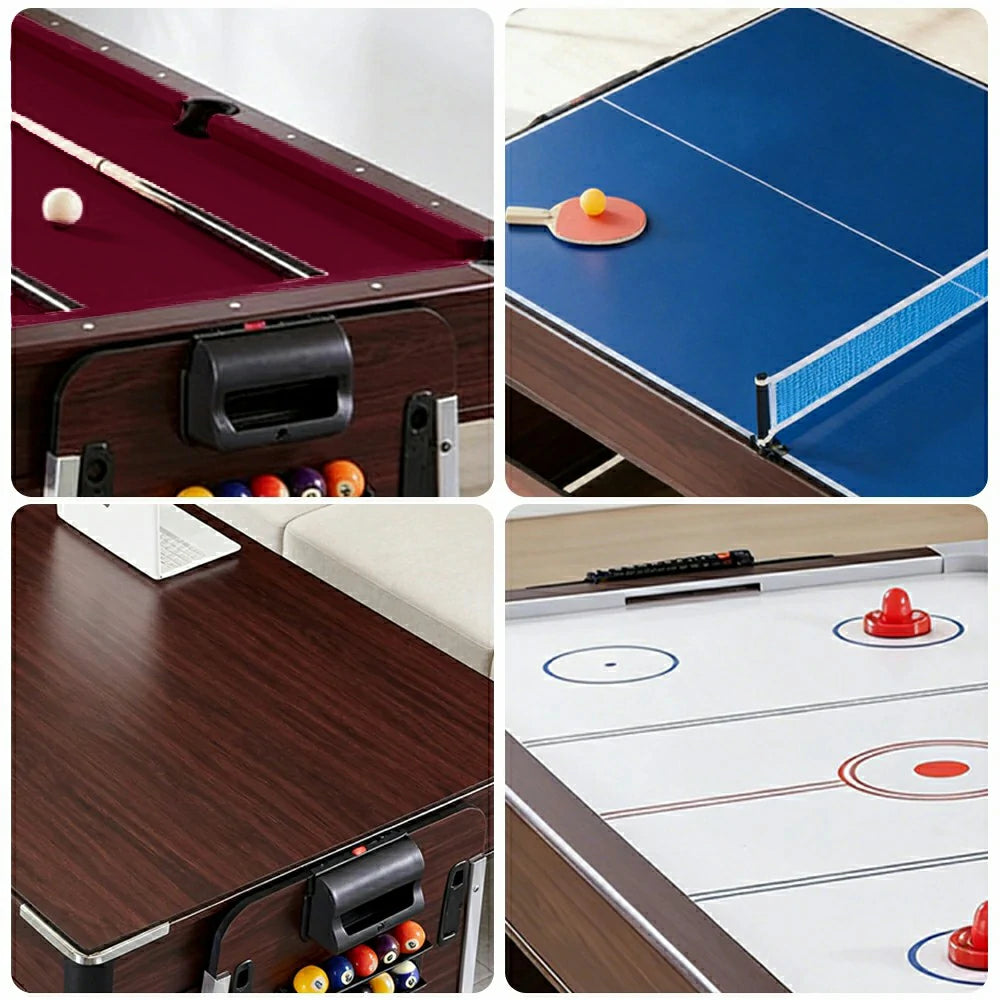 VERSA 4-IN-1 6FT Convertible Game Table - Air Hockey, Pool, Table Tennis & Dining, Space-Saving Brown Frame, Free Accessories - Red Felt