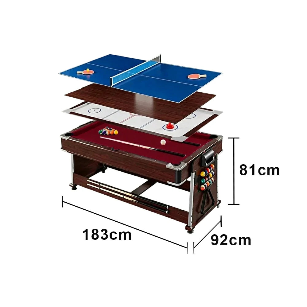 VERSA 4-IN-1 6FT Convertible Game Table - Air Hockey, Pool, Table Tennis & Dining, Space-Saving Brown Frame, Free Accessories - Red Felt