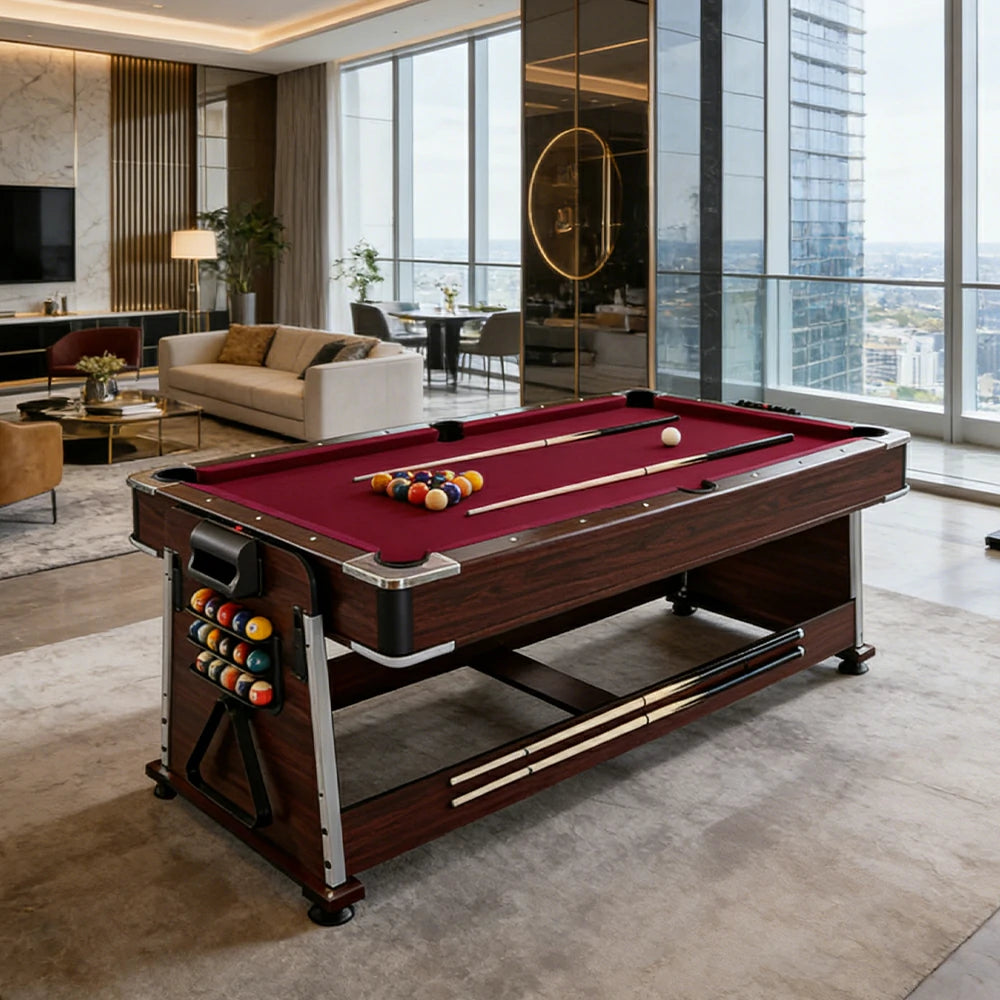 VERSA 4-IN-1 6FT Convertible Game Table - Air Hockey, Pool, Table Tennis & Dining, Space-Saving Brown Frame, Free Accessories - Red Felt