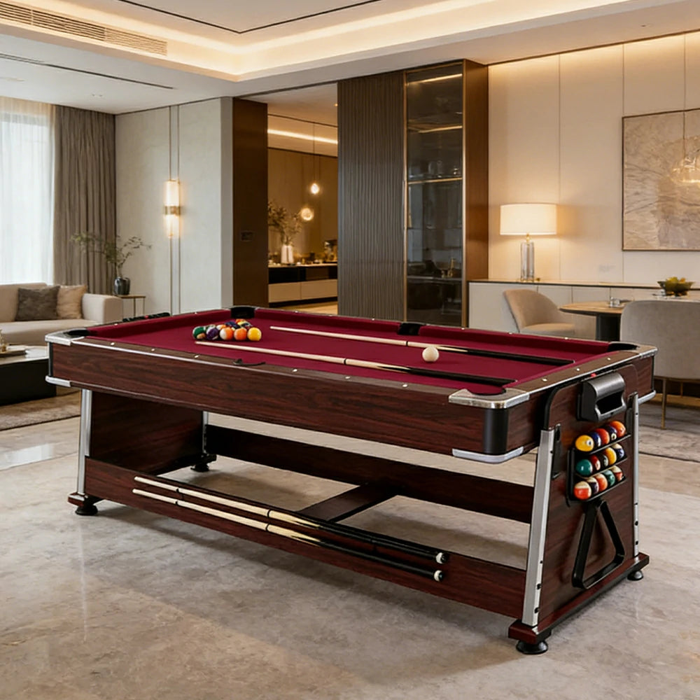 VERSA 4-IN-1 6FT Convertible Game Table - Air Hockey, Pool, Table Tennis & Dining, Space-Saving Brown Frame, Free Accessories - Red Felt