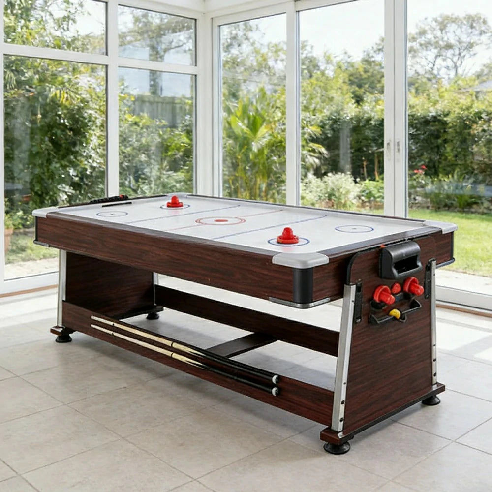 VERSA 4-IN-1 6FT Convertible Game Table - Air Hockey, Pool, Table Tennis & Dining, Space-Saving Brown Frame, Free Accessories - Red Felt
