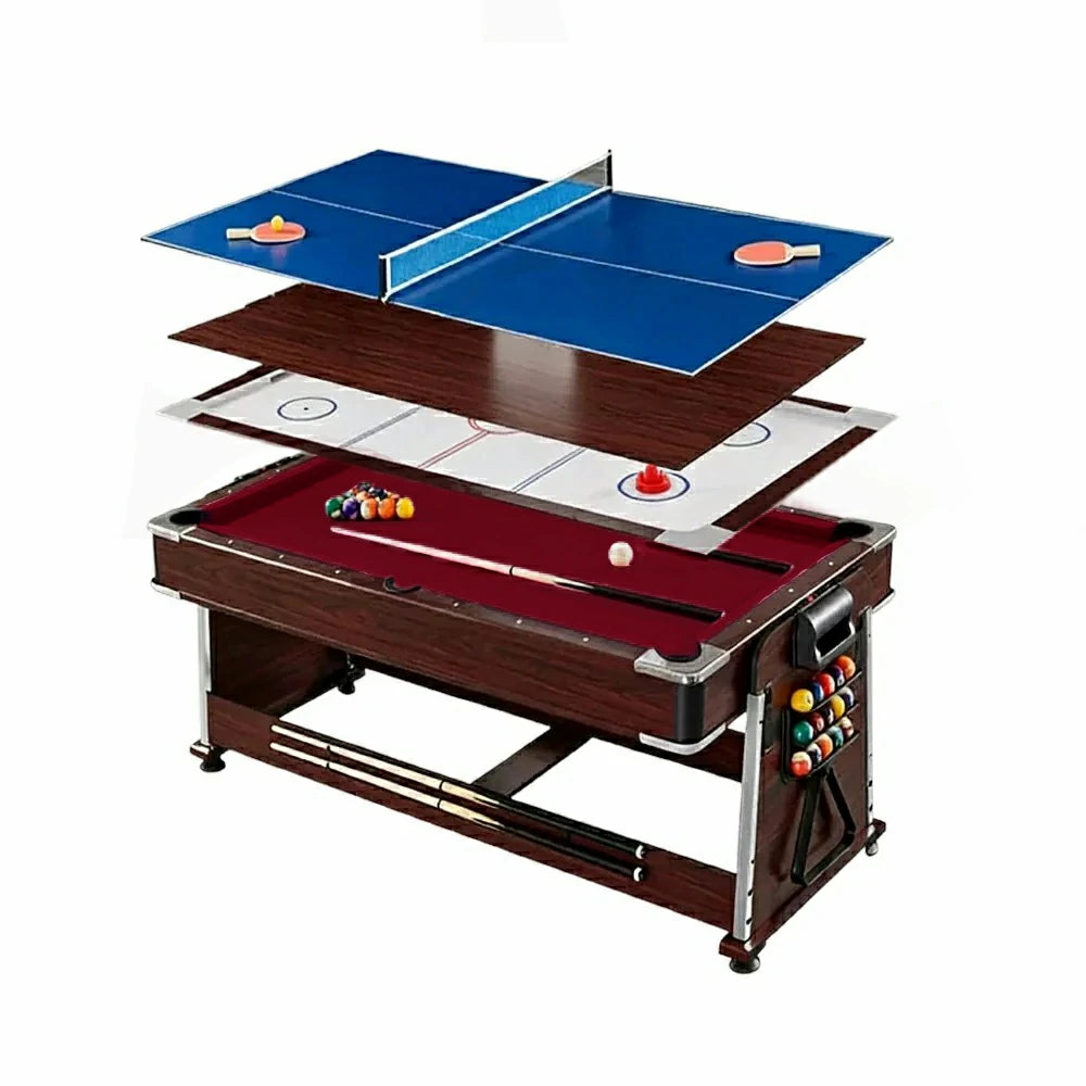 VERSA 4-IN-1 6FT Convertible Game Table - Air Hockey, Pool, Table Tennis & Dining, Space-Saving Brown Frame, Free Accessories - Red Felt