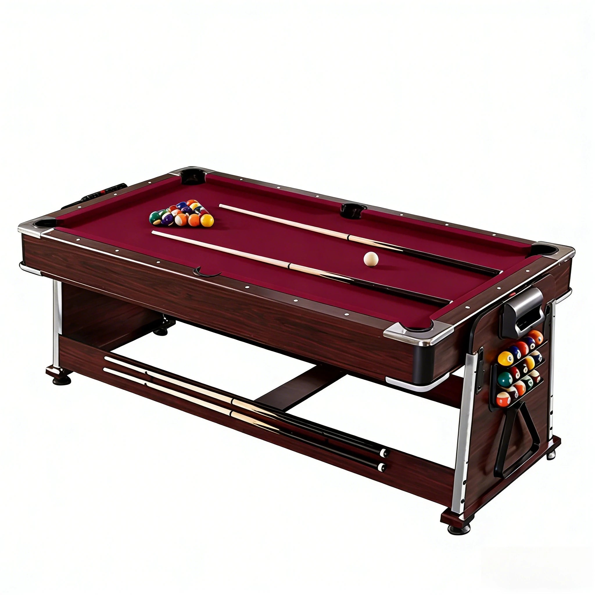 VERSA 4-IN-1 7/8FT Convertible Table with Brown Frame for Air Hockey, Pool Billiards, Dining, and Table Tennis with Free Accessories - Red Felt