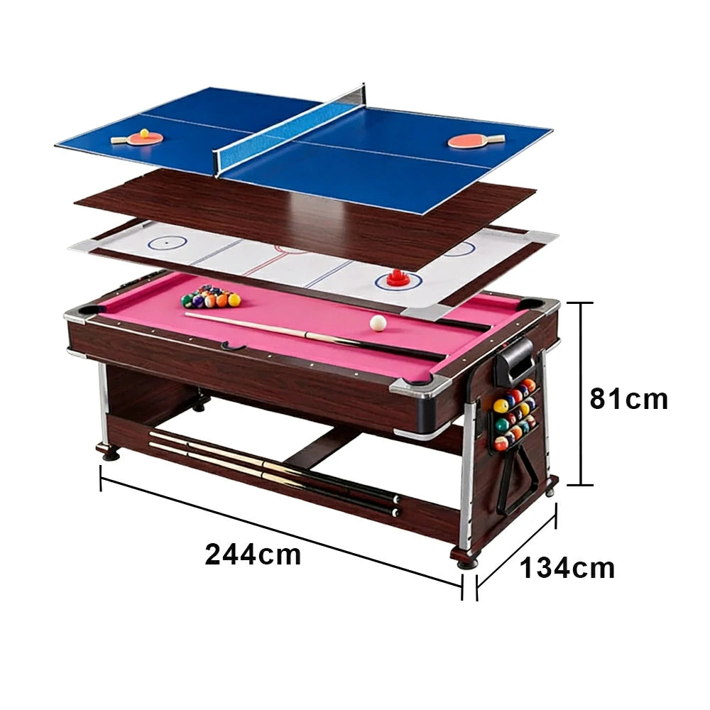 VERSA 4-IN-1 7/8FT Convertible Table with Brown Frame for Air Hockey, Pool Billiards, Dining, and Table Tennis with Free Accessories - Red Felt