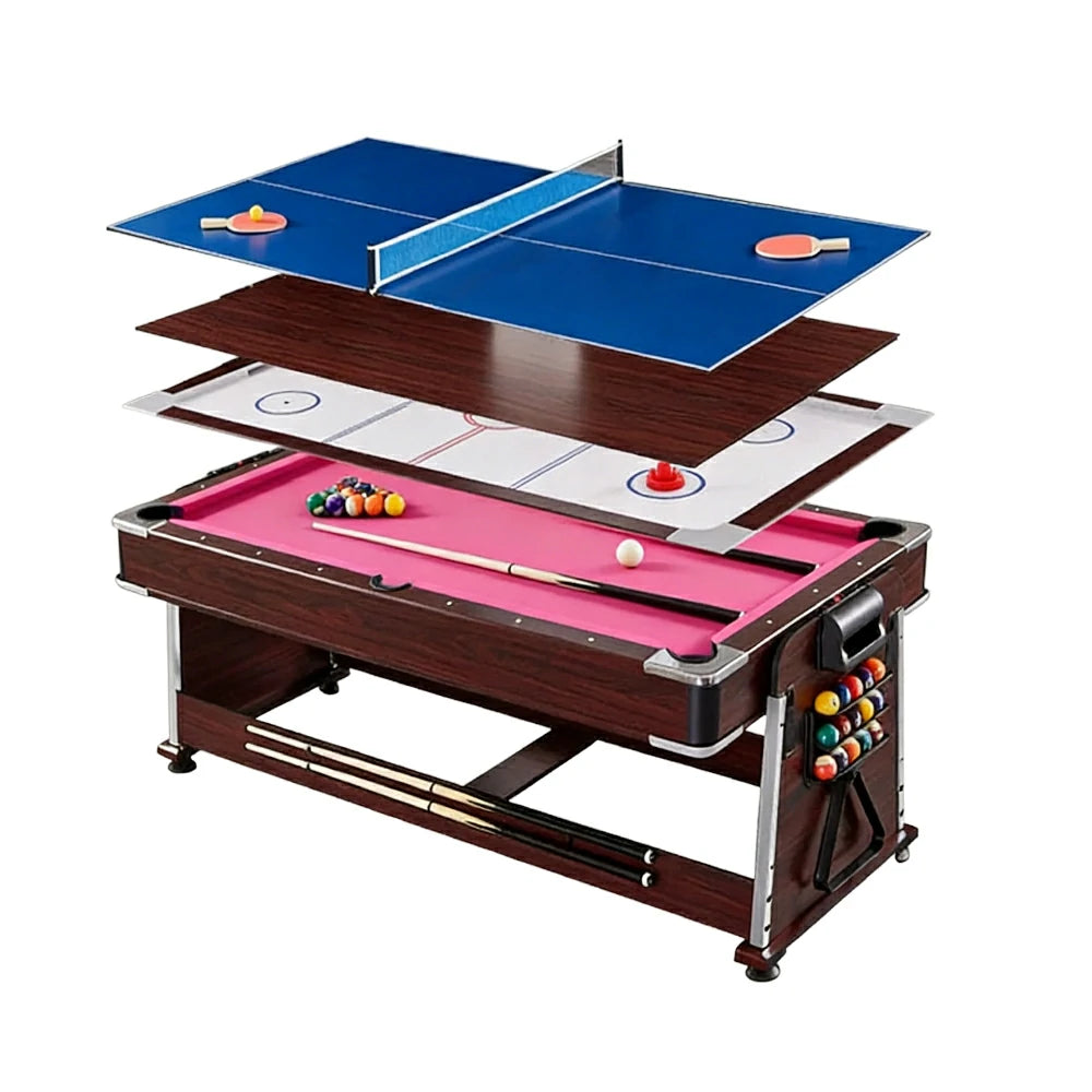 VERSA 4-IN-1 7/8FT Convertible Table with Brown Frame for Air Hockey, Pool Billiards, Dining, and Table Tennis with Free Accessories - Red Felt