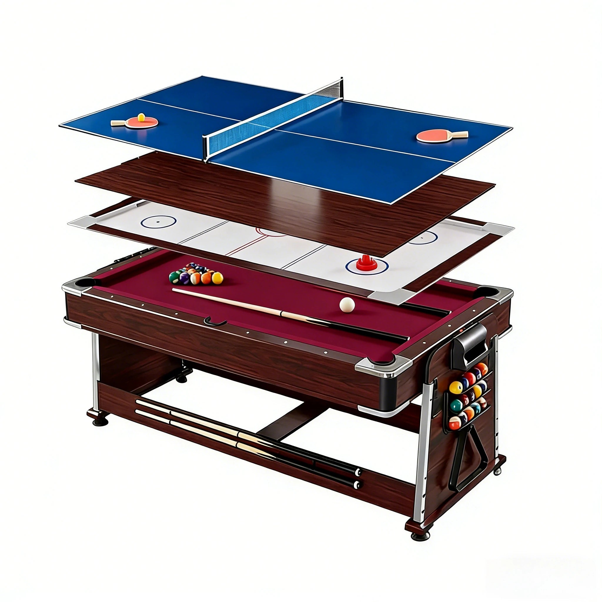 VERSA 4-IN-1 7/8FT Convertible Table with Brown Frame for Air Hockey, Pool Billiards, Dining, and Table Tennis with Free Accessories - Red Felt