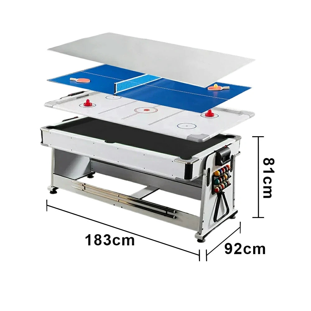 VERSA NEW 2026 UPGRADE MODEL 4-IN-1 6FT Convertible Game Table – Air Hockey, Pool, Table Tennis & Dining, Space-Saving White Frame, Free Accessories - Black Felt