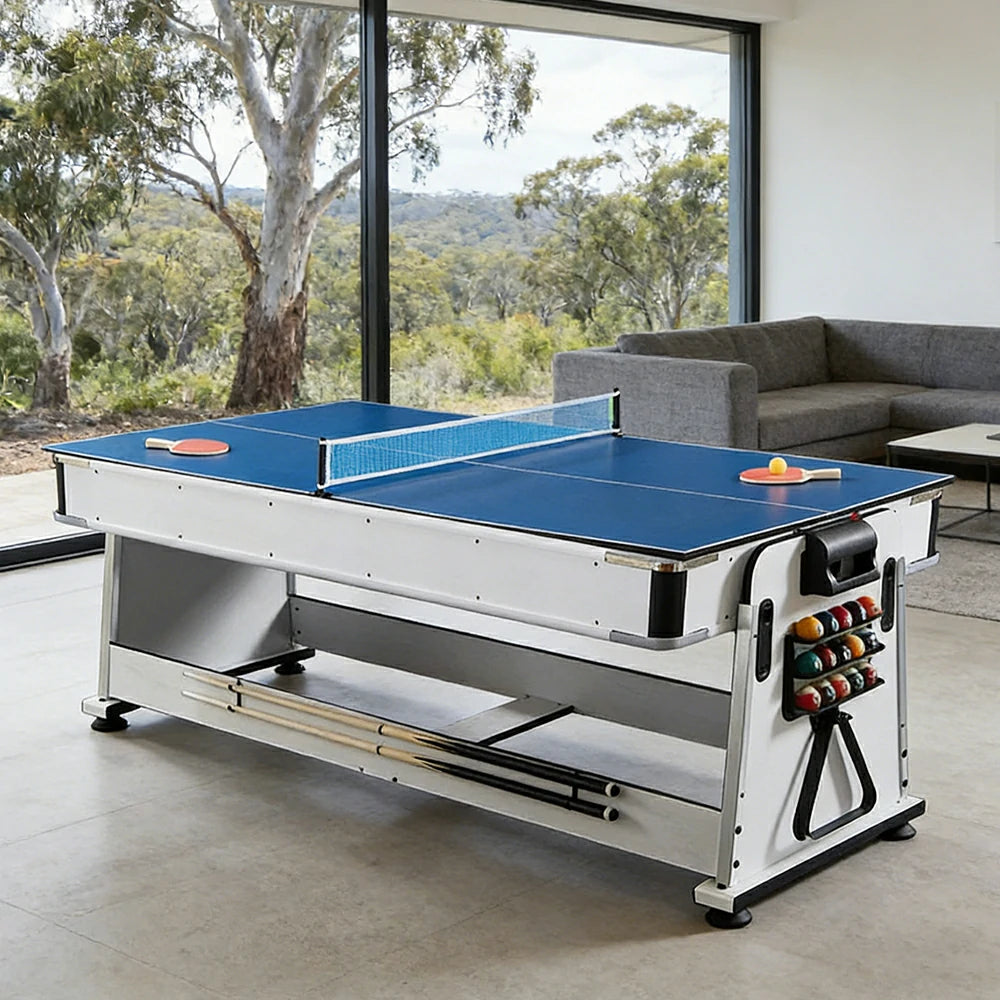 VERSA NEW 2026 UPGRADE MODEL 4-IN-1 6FT Convertible Game Table – Air Hockey, Pool, Table Tennis & Dining, Space-Saving White Frame, Free Accessories - Black Felt