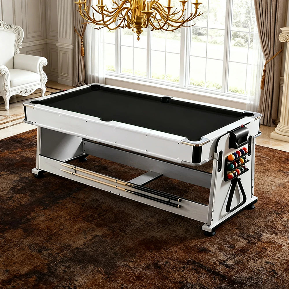VERSA 4-IN-1 7/8FT Convertible Table with White Frame for Air Hockey, Pool Billiards, Dining, and Table Tennis with Free Accessories - Black Felt