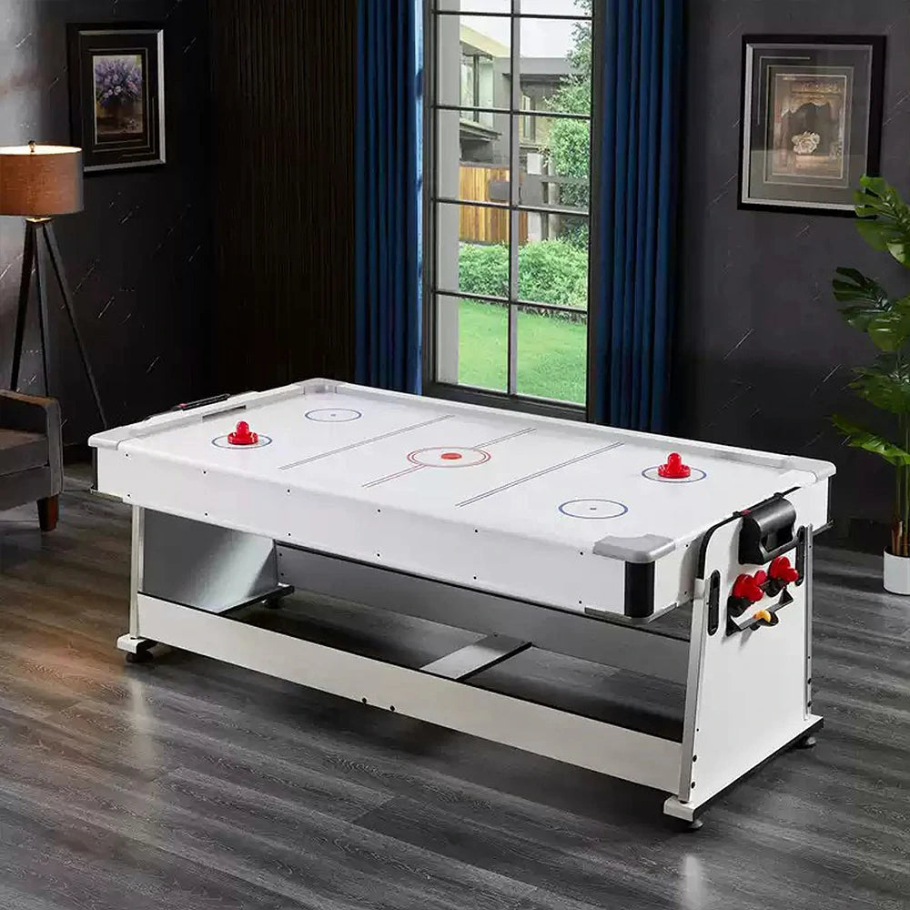 VERSA 4-IN-1 7/8FT Convertible Table with White Frame for Air Hockey, Pool Billiards, Dining, and Table Tennis with Free Accessories - Black Felt