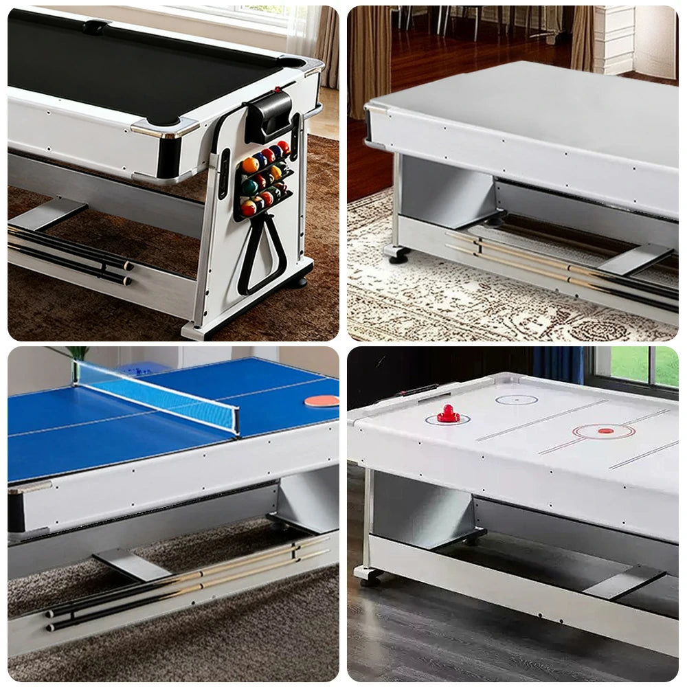 VERSA 4-IN-1 7/8FT Convertible Table with White Frame for Air Hockey, Pool Billiards, Dining, and Table Tennis with Free Accessories - Black Felt